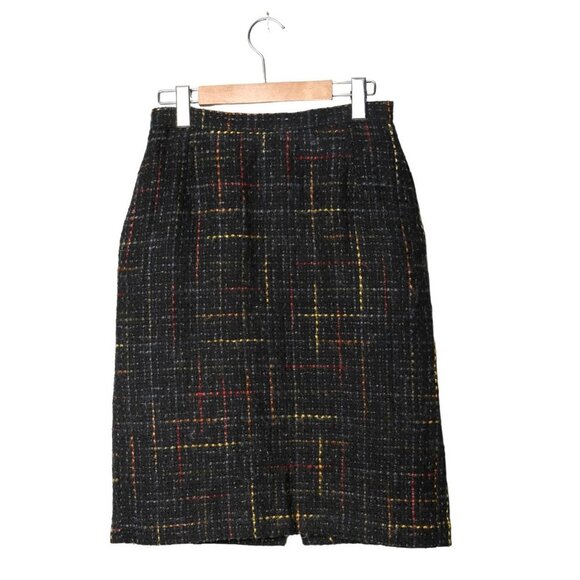 Vintage TC Petites Wool Blend Tweed Skirt Plaid Stripes Retro 90s Black Yellow - Picture 2 of 12